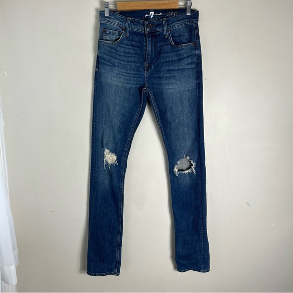 7 For All Mankind Men’s Paxtyn Blue Slim Jeans Distressed Size 28 - Picture 1 of 9